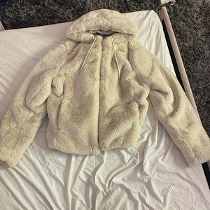 creme colored fuzzy coat | zip up (gold zipper) | drawstring hood | RACHEL ZOE